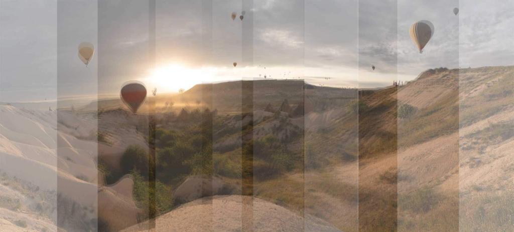 Die einzelnen Bilder der Bildserie einer Landschaft wurden händisch zu einem Panorama gestapelt. An den Heißluftballons erkennt man gut, dass Lightroom noch einiges verkrümmen und verzerren muss, um einen fließenden Übergang zwischen den Bildern zu schaffen.