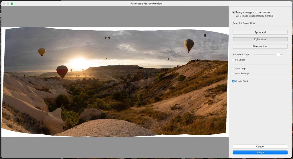 Das Ergebnis in der "Photo Merge Preview" in Adobe Lightroom Classic. Hier kann man die Modi wählen und weitere Einstellungen vornehmen.