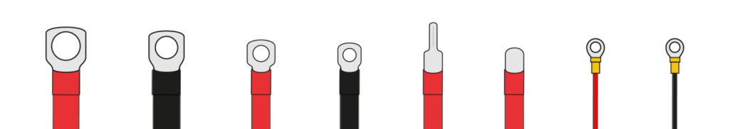 Illustrierte kabelschuhe in unterschiedlichen größen und formen. Ringkabelschuhe, stiftkabelschuhe, aderendhülsen und kleine ringverbinder mit roten und schwarzen kabeln für das 12v system im van