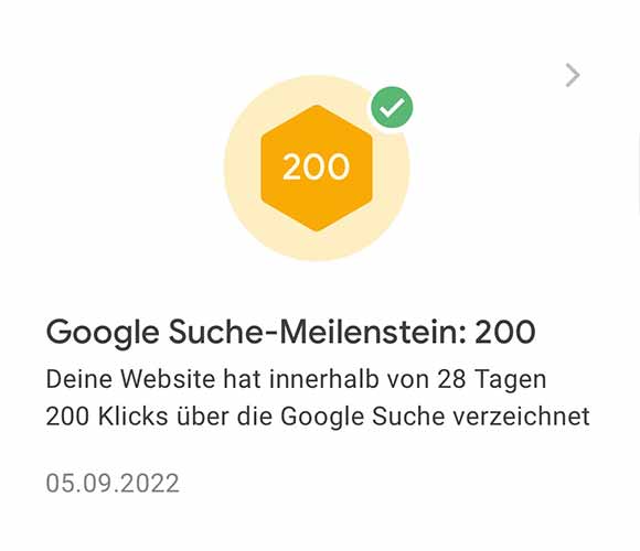 Google suche-meilenstein: 200 klicks über die google suche innerhalb von 28 tagen.